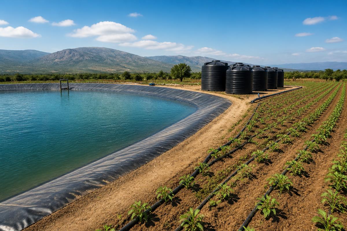 Farm irrigation reservoir with plastic storage tanks